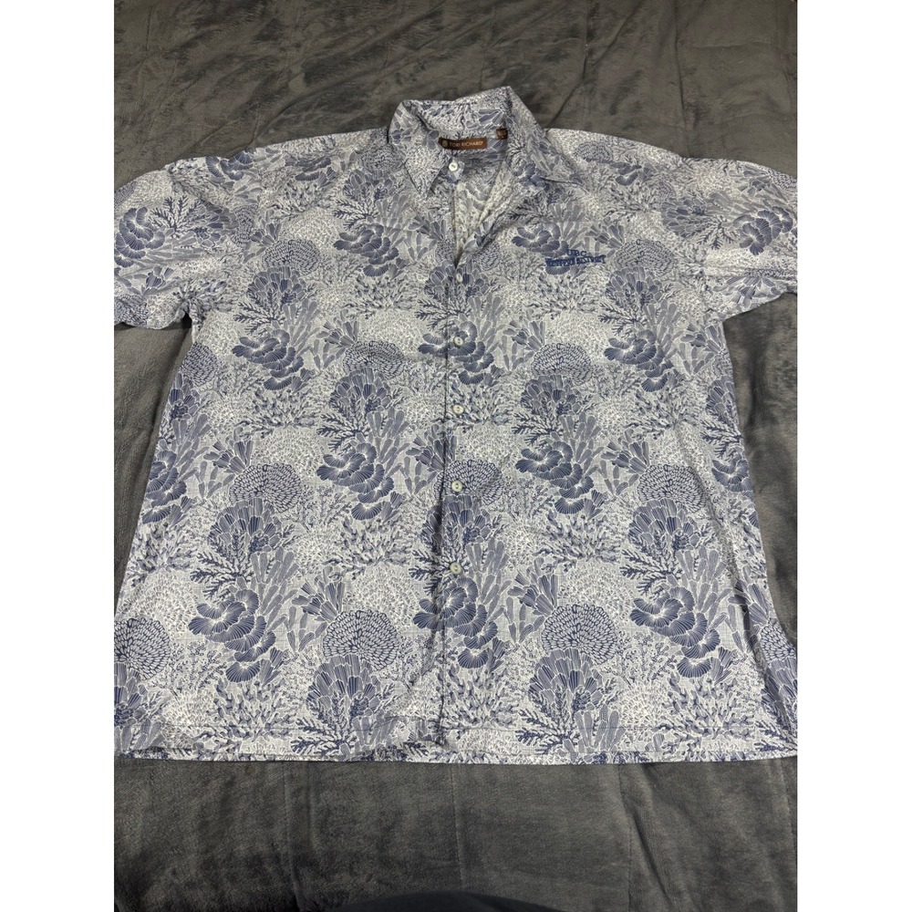 Tori Richard Mens Coral Reef Print Button Down Shirt Blue White Made Hawaii L